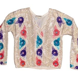 Sister Max ~ Vintage ~ Medium ~ Silk ~ Beaded/Sequins ~ White ~ Floral ~ Sweater